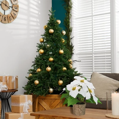 Northlight 11.75" LED Artificial White Poinsettia Potted Plant - Clear Lights - Image 3