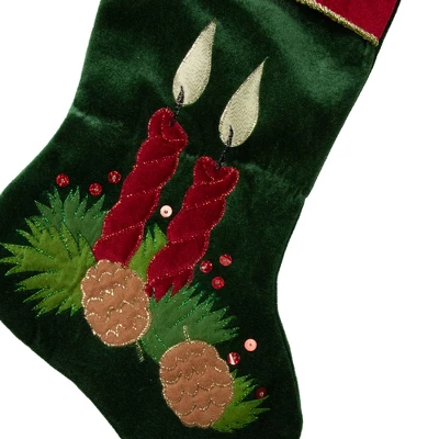 Northlight 20" Dark Green And Burgundy Candle And Pine Cone Velveteen Christmas Stocking - Image 3