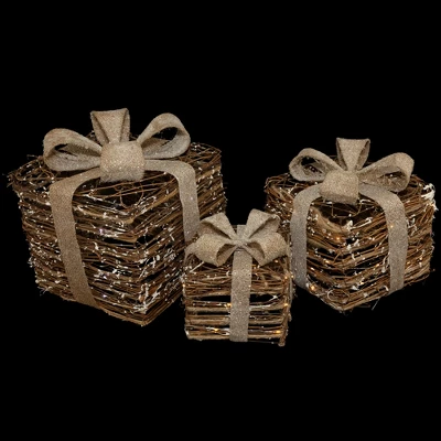 Northlight Lighted Rattan Gift Boxes With Burlap Bows Christmas Decorations - 9" - Set Of 3 - Image 3