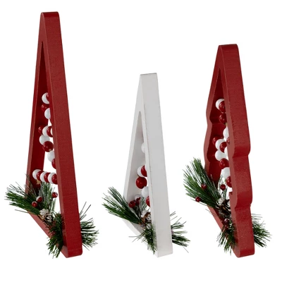 Northlight Set Of 3 Red And White Beaded Christmas Trees Wooden Table Decorations 0.98 FT - Image 3