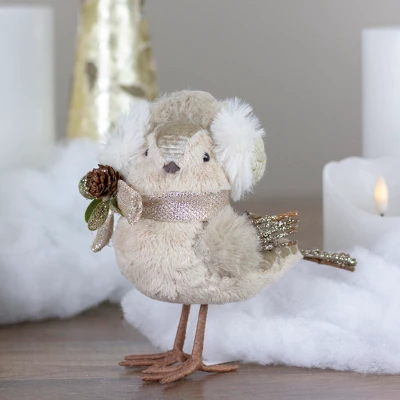Northlight 6" Beige And White Plush Bird In Earmuffs Christmas Figure