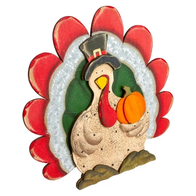 Northlight 9.75" Wooden Turkey With Pumpkin Thanksgiving Decoration