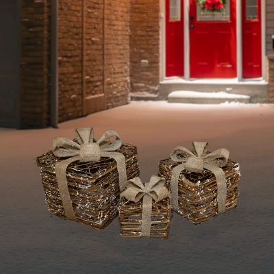 Northlight Lighted Rattan Gift Boxes With Burlap Bows Christmas Decorations - 9" - Set Of 3
