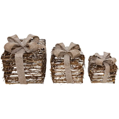 Northlight Lighted Rattan Gift Boxes With Burlap Bows Christmas Decorations - 9" - Set Of 3 - Image 2