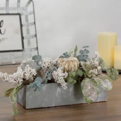 Northlight 10.25" Neutral Colored Pumpkin And Leaves Fall Harvest Floral Arrangement