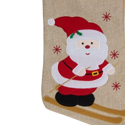 Northlight 19" Burlap Skiing Santa With Poles And Snowflakes Christmas Stocking - Image 2