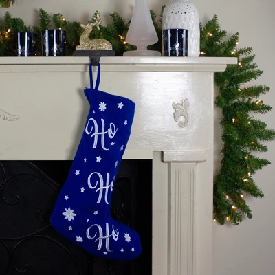 Northlight 18" LED Blue Stocking "Ho, Ho, Ho" With White Snowflakes