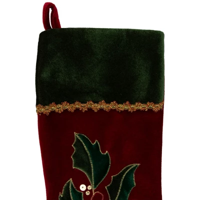 Northlight 21" Red And Green Holly Embroidered Velvet Christmas Stocking - Image 2