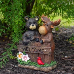 Northlight 9.75" Black Bear And Moose "Welcome" Outdoor Garden Statue