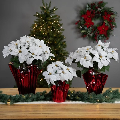 Northlight 22" White Artificial Christmas Poinsettia Flowers With Red Wrapped Base - Image 2