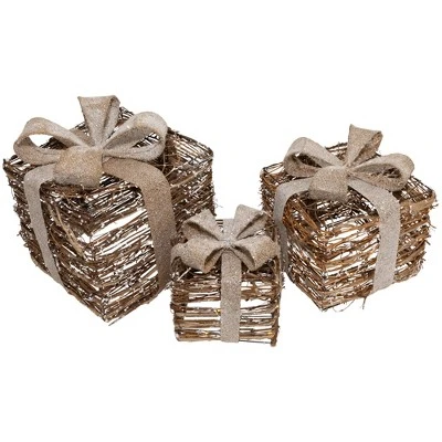 Northlight Lighted Rattan Gift Boxes With Burlap Bows Christmas Decorations - 9" - Set Of 3 - Image 5